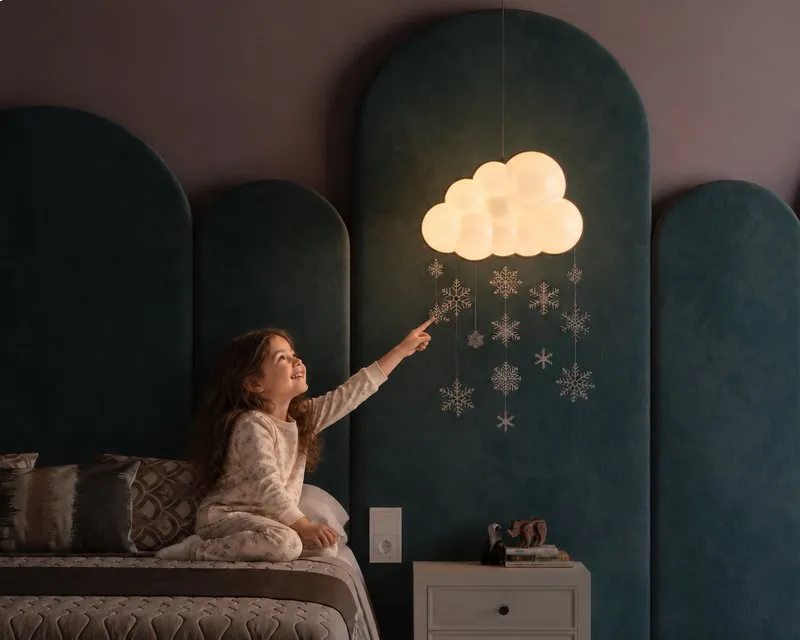 CGI: the cloud lamp in a warm evening interior