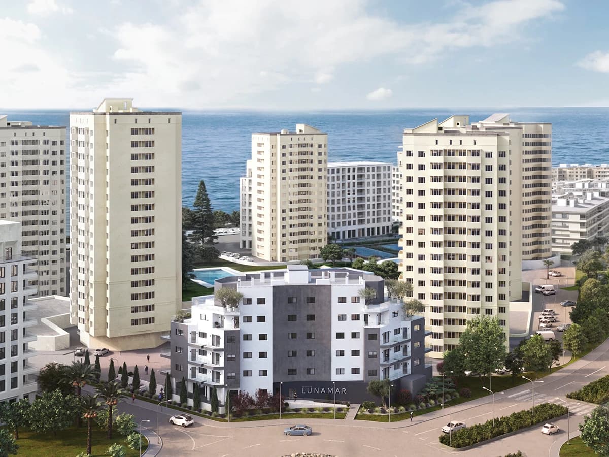 CGI: finished Lunamar residential building by the sea, Portugal