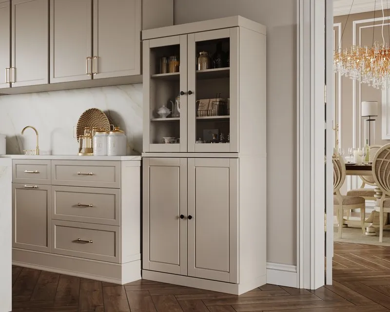 CGI: beige glass-front kitchen cabinet with doors closed