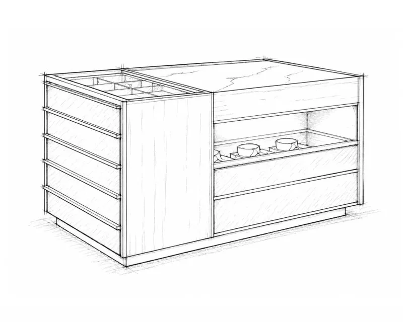 Hand sketch of the same wardrobe island