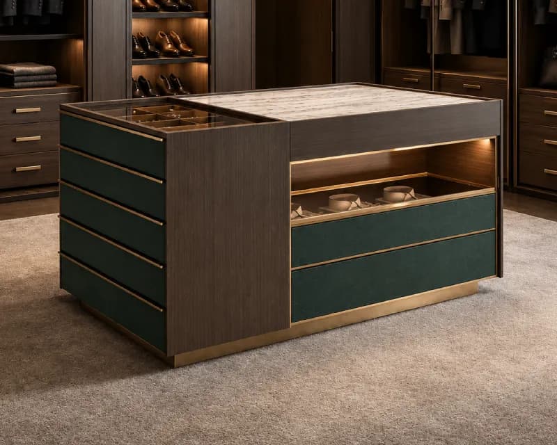 CGI: wardrobe island in dark oak, green upholstered drawers and brass trim, in a walk-in closet
